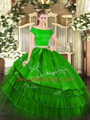 Great Floor Length Green Quinceanera Dresses Off The Shoulder Short Sleeves Zipper