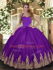 Captivating Purple Tulle Lace Up Halter Top Sleeveless Floor Length Vestidos de Quinceanera Appliques