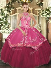 High Class Halter Top Sleeveless Quince Ball Gowns Floor Length Beading and Embroidery Coral Red Satin and Tulle