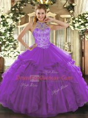 Floor Length Purple Quince Ball Gowns Halter Top Sleeveless Lace Up