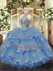 Blue Organza Lace Up Quinceanera Dress Sleeveless Floor Length Beading and Ruffles