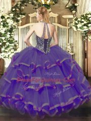 Blue Organza Lace Up Quinceanera Dress Sleeveless Floor Length Beading and Ruffles