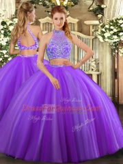 Sophisticated Two Pieces Quince Ball Gowns Lavender Halter Top Tulle Sleeveless Floor Length Criss Cross
