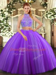 Sophisticated Two Pieces Quince Ball Gowns Lavender Halter Top Tulle Sleeveless Floor Length Criss Cross