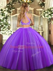 Sophisticated Two Pieces Quince Ball Gowns Lavender Halter Top Tulle Sleeveless Floor Length Criss Cross