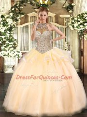 Peach Ball Gowns Halter Top Sleeveless Tulle Floor Length Lace Up Beading Quinceanera Dress