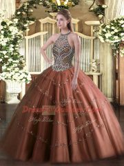 Chocolate Sweet 16 Dresses Sweet 16 and Quinceanera with Beading Halter Top Sleeveless Lace Up