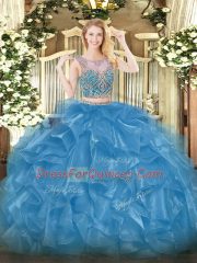 Baby Blue Organza Lace Up Quinceanera Dresses Sleeveless Floor Length Beading and Ruffles