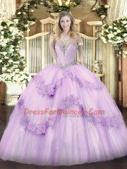 Hot Selling Sleeveless Tulle Floor Length Lace Up 15th Birthday Dress in Lavender with Beading and Appliques