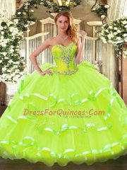 Sleeveless Floor Length Beading and Ruffled Layers Lace Up 15 Quinceanera Dress with Yellow Green