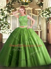Green Sleeveless Floor Length Beading and Appliques Lace Up 15 Quinceanera Dress