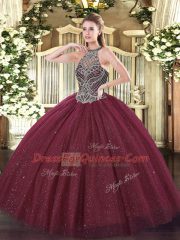 Sleeveless Tulle Floor Length Lace Up Quinceanera Gowns in Burgundy with Beading