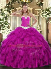Custom Designed Floor Length Fuchsia Sweet 16 Dress Organza Sleeveless Appliques and Ruffles