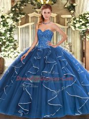 Blue Tulle Lace Up Sweetheart Sleeveless Floor Length Quince Ball Gowns Beading and Ruffles