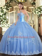 Inexpensive Baby Blue Ball Gowns Sweetheart Sleeveless Tulle Floor Length Lace Up Beading and Appliques Vestidos de Quinceanera