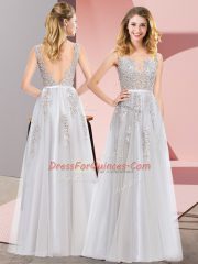 Grey Backless Square Lace and Appliques Prom Evening Gown Tulle Sleeveless