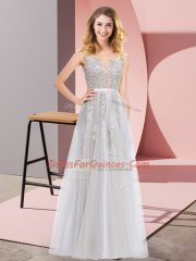 Grey Backless Square Lace and Appliques Prom Evening Gown Tulle Sleeveless