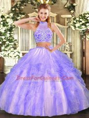 Beauteous Floor Length Two Pieces Sleeveless Lavender 15th Birthday Dress Criss Cross