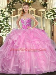 Deluxe Lilac Ball Gowns Sweetheart Sleeveless Organza Floor Length Lace Up Beading and Ruffles Quinceanera Gowns