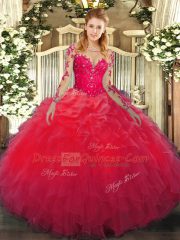 Extravagant Floor Length Red 15th Birthday Dress Organza Long Sleeves Lace and Ruffles