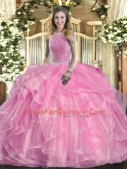 Fantastic Rose Pink 15 Quinceanera Dress Military Ball and Sweet 16 and Quinceanera with Beading and Ruffles High-neck Sleeveless Lace Up