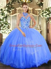 Custom Designed Tulle Halter Top Sleeveless Lace Up Embroidery Sweet 16 Quinceanera Dress in Blue