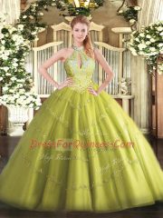 Fashionable Halter Top Sleeveless Lace Up 15 Quinceanera Dress Yellow Green Tulle