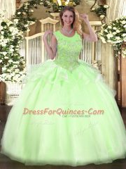 Comfortable Floor Length Zipper Quince Ball Gowns Yellow Green for Military Ball and Sweet 16 and Quinceanera with Beading