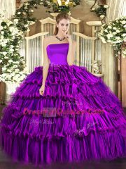 Ideal Purple Ball Gowns Strapless Sleeveless Organza Floor Length Zipper Ruffled Layers Ball Gown Prom Dress