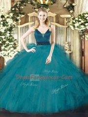 Noble Teal Quince Ball Gowns Military Ball and Sweet 16 and Quinceanera with Beading and Ruffles Straps Sleeveless Zipper