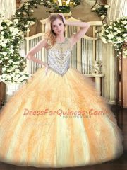 Glamorous Gold Ball Gowns Scoop Sleeveless Tulle Floor Length Zipper Beading and Ruffles Quinceanera Gown