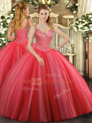 Beading Quinceanera Gown Coral Red Lace Up Sleeveless Floor Length