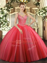 Beading Quinceanera Gown Coral Red Lace Up Sleeveless Floor Length