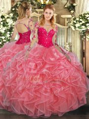 Romantic Organza Scoop Long Sleeves Lace Up Lace and Ruffles Ball Gown Prom Dress in Watermelon Red