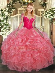 Romantic Organza Scoop Long Sleeves Lace Up Lace and Ruffles Ball Gown Prom Dress in Watermelon Red