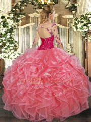 Romantic Organza Scoop Long Sleeves Lace Up Lace and Ruffles Ball Gown Prom Dress in Watermelon Red