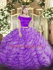 Exquisite Short Sleeves Appliques and Ruffles Zipper Quinceanera Gown with Lavender Brush Train