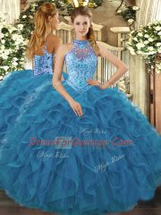Best Teal Sleeveless Organza Lace Up Quinceanera Dress for Sweet 16 and Quinceanera