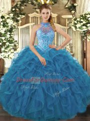 Best Teal Sleeveless Organza Lace Up Quinceanera Dress for Sweet 16 and Quinceanera