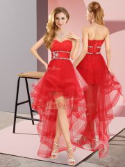 Gorgeous Sleeveless High Low Beading Lace Up Prom Evening Gown with Red