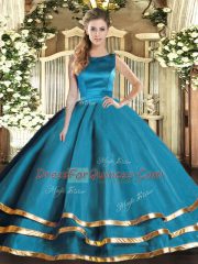 Teal Ball Gowns Scoop Sleeveless Tulle Floor Length Lace Up Ruffled Layers Quinceanera Gown