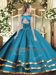 Teal Ball Gowns Scoop Sleeveless Tulle Floor Length Lace Up Ruffled Layers Quinceanera Gown