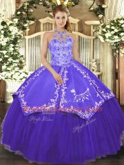 Halter Top Sleeveless Sweet 16 Dresses Floor Length Beading and Embroidery Purple Satin and Tulle