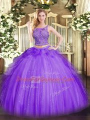 Lavender Tulle Lace Up Quinceanera Gown Sleeveless Floor Length Beading and Ruffles
