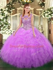 Lilac Ball Gowns Tulle Scoop Sleeveless Beading and Ruffles Floor Length Lace Up Quinceanera Dress