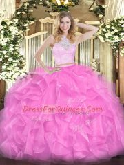 Romantic Rose Pink Organza Zipper Sweet 16 Quinceanera Dress Sleeveless Floor Length Lace and Ruffles