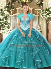 Custom Made Teal Ball Gowns Tulle Sweetheart Sleeveless Beading Floor Length Lace Up Sweet 16 Dress
