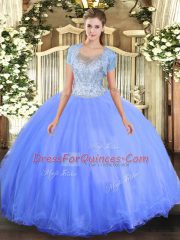 Blue Ball Gowns Tulle Scoop Sleeveless Beading Floor Length Clasp Handle Ball Gown Prom Dress