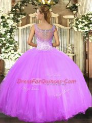 Blue Ball Gowns Tulle Scoop Sleeveless Beading Floor Length Clasp Handle Ball Gown Prom Dress