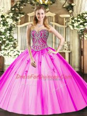 Sweetheart Sleeveless Quinceanera Dresses Floor Length Beading and Appliques Lilac Tulle